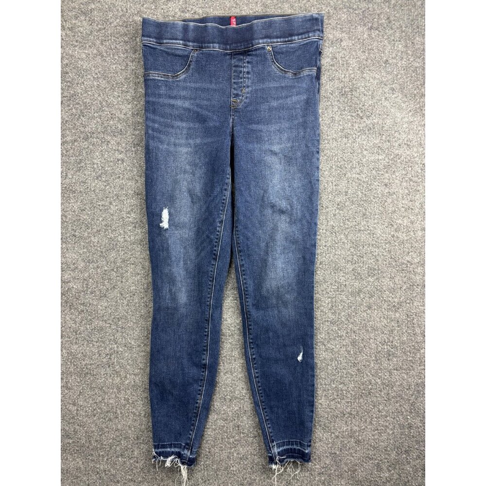 Spanx Jeans Womens Medium Blue Distressed Skinny Jeggings Frayed Hem Pull On